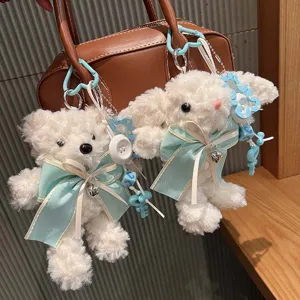 Suesse Pluesch Kaninchen und Baer Tasche Anhaenger mit blauen Schleifen, weiche Schluesselringe.