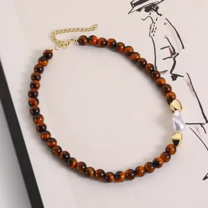 Retro Maillard brown imitation tiger eye stone beaded necklace with golden elements and pearl for women.