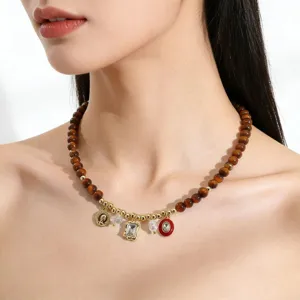 Vintage Tiger Eye Stone Beaded Necklace For Women Maillard Style Alloy Rhinestone Enamel Bowknot Clavicle Chain Jewelry Gift