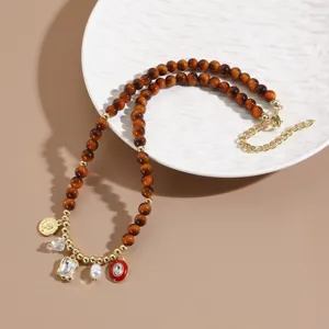 Vintage faux tiger eye beaded necklace with multi charms gold chain chic accessory