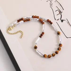 Vintage Maillard beaded necklace with baroque pearls and tiger eye style beads for women.