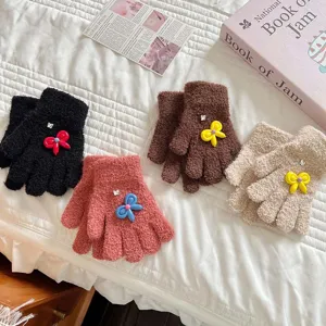 Cute winter children gloves with fluffy coral fleece design, warm and cozy knit mittens for kids.