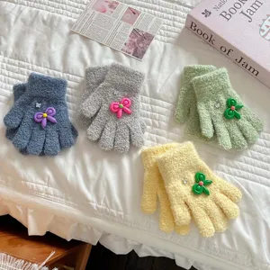 Children winter plush gloves detail, cute floral charm coral fleece knit warm kids mittens cozy setup.