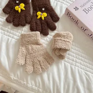 Kids winter plush knit gloves with cute yellow bow, cozy warm coral fleece children mittens.