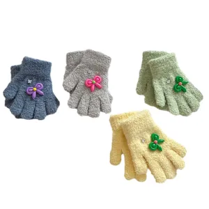 Kids winter warm knit gloves cute bow crystal fleece winter gloves for kids 4 pairs