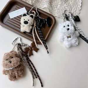 Süßer West Highland Weißer Terrier Hund Plüsch Schlüsselanhänger Tasche Anhänger Kuscheltier Auto Schlüsselring Perle Schleife Zubehör