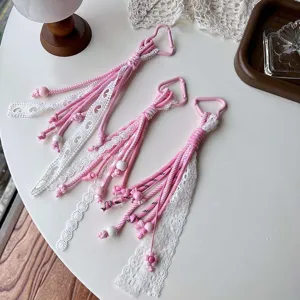 Pink lace braided keychain cute aesthetic lanyard car key charm sweet hanging accessory