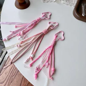 Pink white lace mountain rope keychain girlish aesthetic cute braided bag charm pendant detail