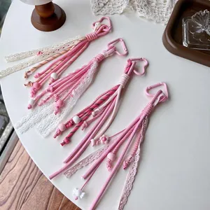 Pink white lace keychain cute braided mountaineering rope bag charm car key accessory