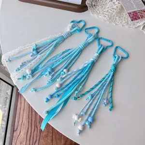 Blue series lace ribbon woven lanyard keychain with cute beads and charms for bag and car keys.