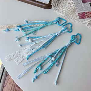 Blue braided ribbon keychain lace bow bag charm cute sweet style lanyard for car keys