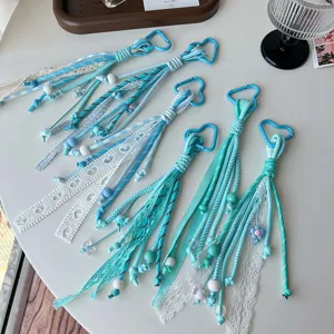 Blue braided lanyard lace ribbon keychain bag charm set detail view cute accessories