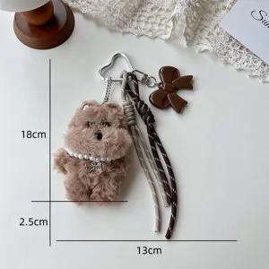 Flauschiger brauner Hund Plüsch Schlüsselanhänger süßer Taschenanhänger mit Perlenkette.