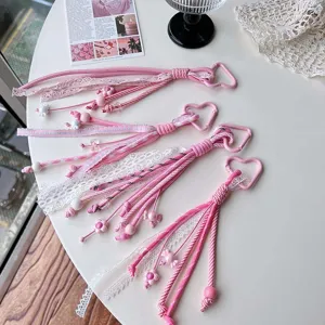 Pink lace cute girly climbing rope keychain aesthetic handmade woven bag charm key ring