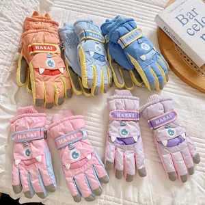 Kids Ski Gloves Waterproof Winter Warm Fleece Lined Thickened Boys Girls Cute Cartoon Monster Anti-Slip Sports Mittens