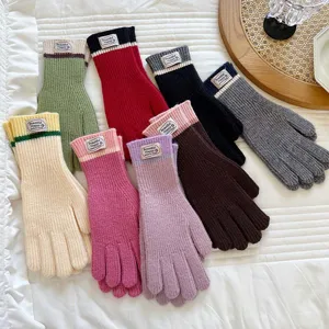 Winter Thickened Color Block Touch Screen Knitted Gloves For Women Warm Acrylic Split Finger Outdoor Cycling Gloves