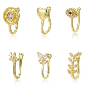 Copper Non-Pierced Fake Nose Ring U-Shaped Nose Stud Ear Cuff Set Rhinestone Artificial Pearl Body Jewelry For Women