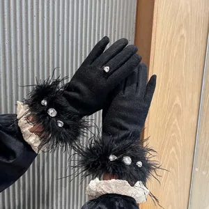 Gants Tactiles en Cachemire d'Hiver pour Femmes Style Vintage Français Plume d'Autruche Strass Gants Chauds