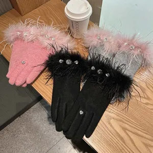 Gants en cachemire avec plume d'autruche et strass, gants tactiques chauds pour femmes d'hiver.