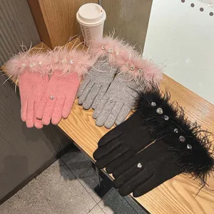Gants tactiques cachemire femme plume autruche strass chic hiver chauds moufles élégants