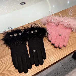 Gants tactile en cachemire pour femme avec plumes et strass, style élégant et chaud.