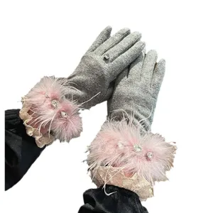 Gants tactiles élégants en cachemire avec poignets en plumes d'autruche pour femmes.