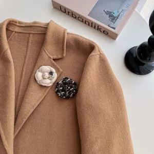 Handmade fabric camellia brooch set with tweed and elegant design for women coat decoration