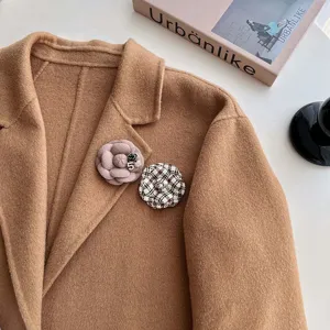 Elegant tweed fabric camellia brooch French style handmade floral pin for women clothing