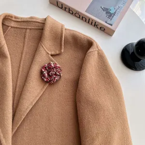 Elegant tweed camellia flower brooch for women, vintage handmade fabric corsage pin for coat.