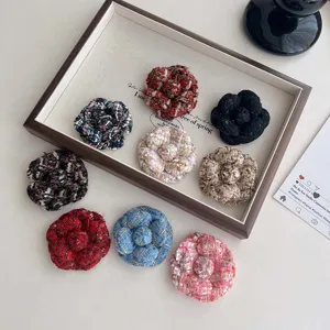 Elegant tweed camellia flower brooch and hair clip set, handmade French vintage style accessory.