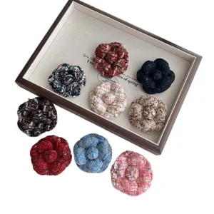 Handmade tweed camellia flower brooch pin elegant fabric corsage for women apparel decor