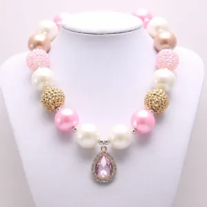 Collier de perles chunky pour enfants avec pendentif goutte cristal rose bijoux mignons