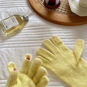 Guantes de punto de invierno para mujer cálidos suaves amarillos sin dedos detalle