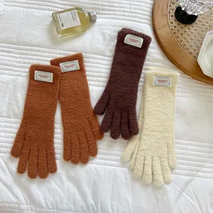 Cozy fuzzy touchscreen winter gloves in solid candy colors, soft warm knit gloves for women students.