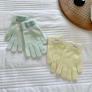 Detailed shot of cute pastel knit gloves with patch detail, soft and warm winter wear.