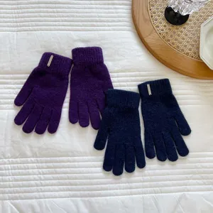Close-up detail of winter knit gloves in purple and navy blue with metal tag decoration.