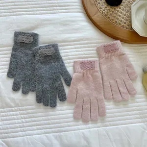 Cozy knit finger gloves with cute lace patches, warm and soft autumn winter accessory.
