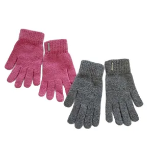 Cozy winter knit gloves with metal tag, soft and warm fleece lining for cold weather.
