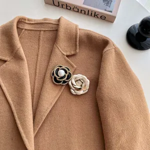 Vintage Camellia Flower Brooch Pin With Chunky Chain Pearl Fabric Suit Coat Accessories Fashion Jewelry For Women