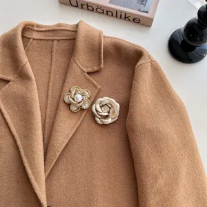 Camellia flower brooch pin, elegant vintage tweed and metal lapel accessory for women suit.
