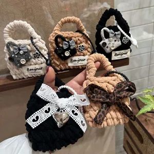 Handmade Woven Plush Bluetooth Earphone Case Chic Bow Camellia Coin Pouch Portable Protective Cover For Women