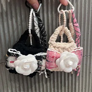 Handmade Braided Bluetooth Earphone Pouch Mini Coin Purse Camellia Tweed Style Keychain Pendant Bag Charm