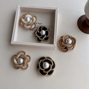Elegant Chanel style camellia brooch with chunky chain trim, premium tweed flower pin for women suit.