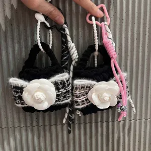 Handmade crochet mini pouch tweed camellia flower earphone bag cute keychain charm