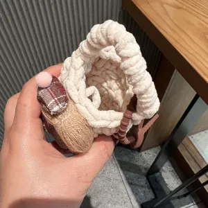 Handmade knitted mini basket bag cute bear earphone pouch plush coin purse charm