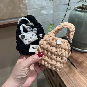 Handmade crochet mini earphone case cute plush coin purse chic tweed style knit bag pouch
