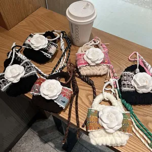 Handcrafted knitted earphone pouch chic tweed design with floral pendant storage bag mini wallet
