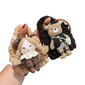 Handmade knitted cartoon doll bag charm cute earphone pouch coin purse for girls