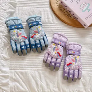 Children winter ski gloves thick warm waterproof cute unicorn print touch screen mittens