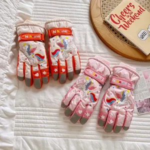 Kids Ski Gloves Waterproof Windproof Thermal Fleece Winter Gloves Cute Cartoon Unicorn Outdoor Snow Sports Gloves